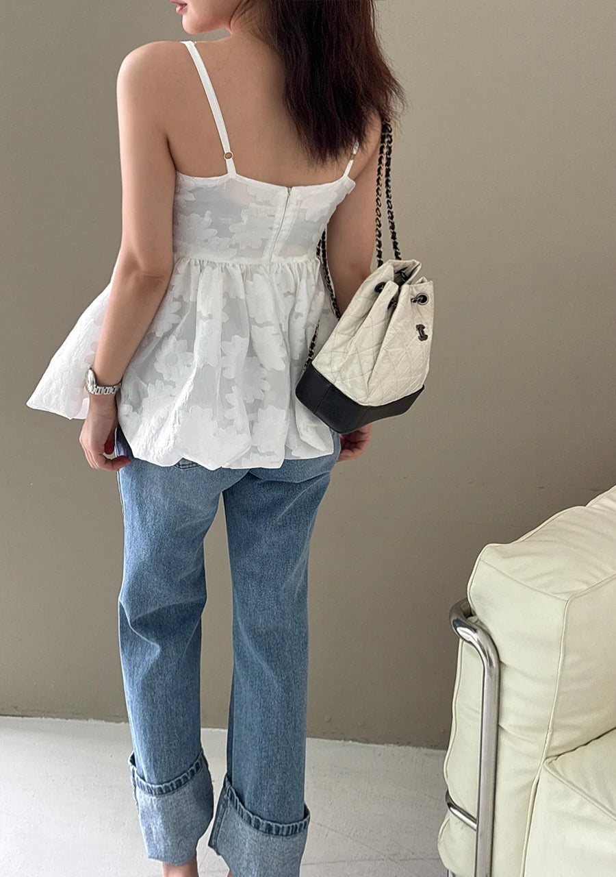 3d Embroidered Jacquard Tank Top Strap Summer New Style Unique Design Lotus Leaf Edge Puff Blouse Top