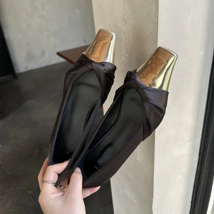 Metal Square Head Pumps Satin Designer Flat Shoes Summer New Party Dress Shoes Purple Comfy Fashionmueller Shoes