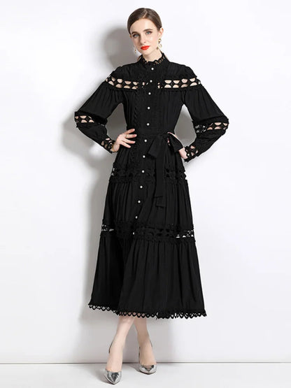 Dresses Skeleton Lace Splicing Stand Collar Single Breasted Dresses Aline Midi Dresses With Belt Party Clubwear