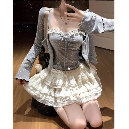 Autumn New Sweet 3-piece Skirt Set Spaghetti Strap Top Cardigan Mini Cake Skirt Y2k Kawaii Korean Suit Clothing