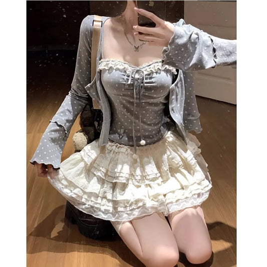 Autumn New Sweet 3-piece Skirt Set Spaghetti Strap Top Cardigan Mini Cake Skirt Y2k Kawaii Korean Suit Clothing