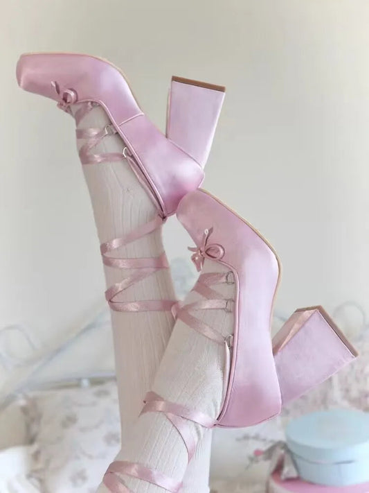 Silk Square Toe 9cm Heel Ballet Shoes Lace Up Pumps