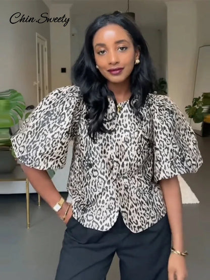 Leopard Puff Sleeve Shirts Blouses Summer O-neck Loose Buttons All-match Cropped Tops Lady High