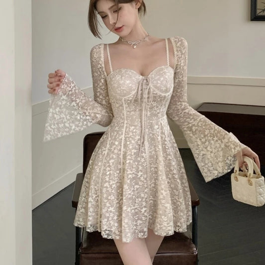 Lace Mini Dresses for Flare Sleeve Square Collar Corset Slim A-line Wedding Birthday Party Dress Y2k Prom Vestidos