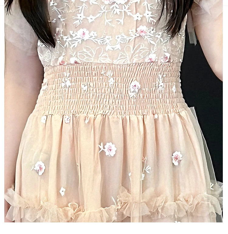 Temperament Flying Sleeve Embroidery Long Maxi Dress for Lace Splicing Mesh Party Dress
