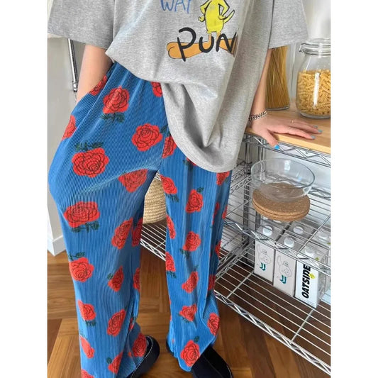 Print Threaded Straight Pants Summer New High Waist Loose All Match Pants
