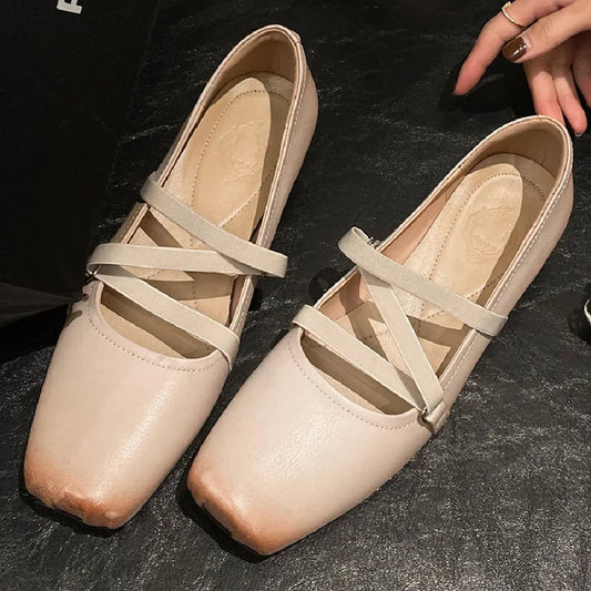 Womenn's Genuine Leather Square Toe Elastic Band Slipon Ballet Flats Cross Strap Female Slim Soft Comfortable Ballerians Shoes
