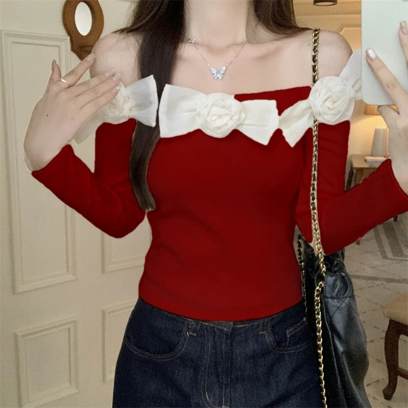 Sweet Hot Girl Off Neck Longsleeved Sweater Autumn Threedimensional Flower Knitted Sweater Female Clothes