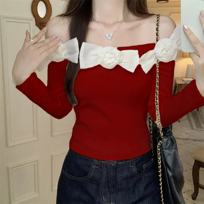 Sweet Hot Girl Off Neck Longsleeved Sweater Autumn Threedimensional Flower Knitted Sweater Female Clothes