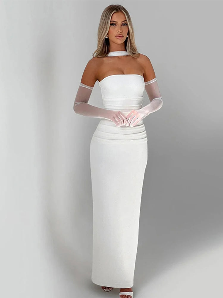 Pleated Tube Long Dresses Slim Fit Sleeveless Dress With Silk Scarf Gloves Female Summer Evening