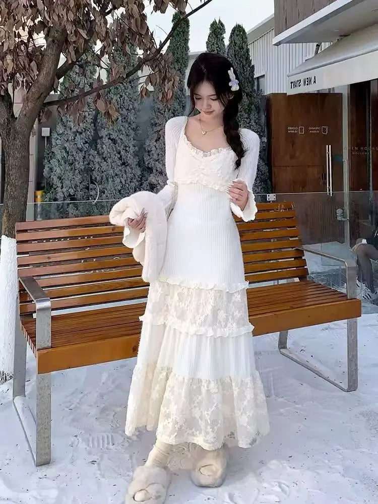 Knitted Lace Patchwork Flare Long Sleeve Square Collar Temperament Basic Sweater Dress Sweet Female