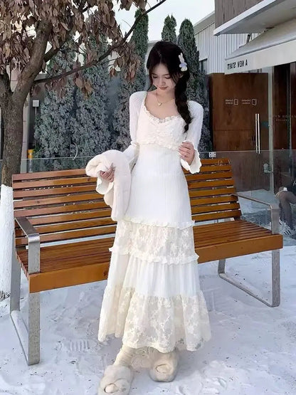 Knitted Lace Patchwork Flare Long Sleeve Square Collar Temperament Basic Sweater Dress Sweet Female