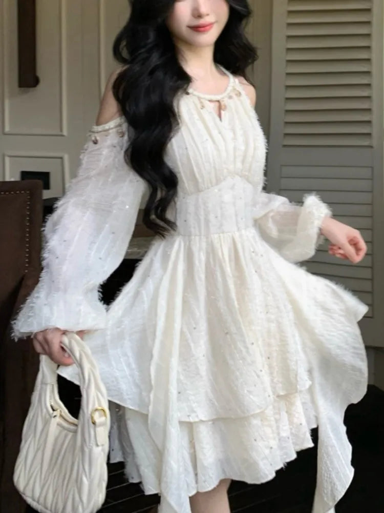 Irregular Ruffles Shell Decoration Mini Dress Autumn Winter Long Sleeve Off Shoulder Fairy Evening Sequin Vestidos