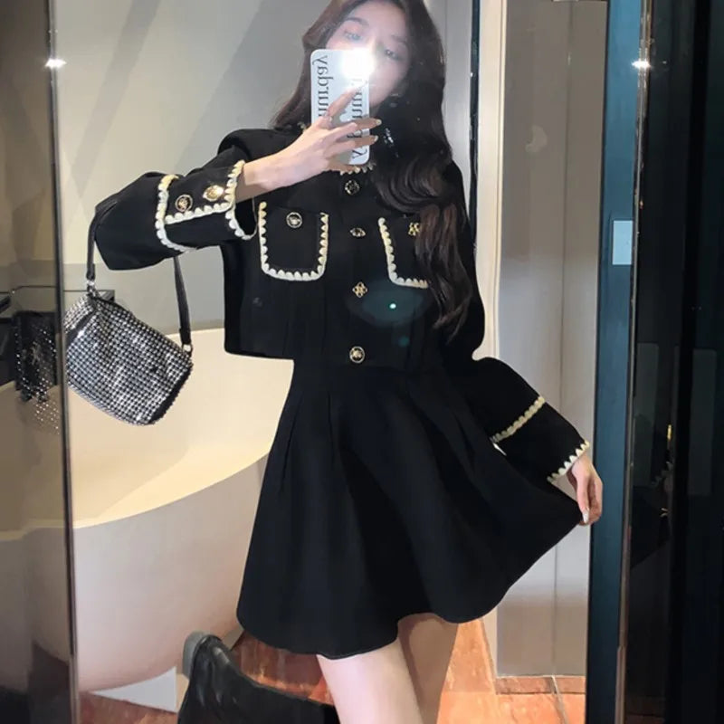 Autumn New Two-piece Skirt Sets Korean Crop Jacket Coat Mini Skirt Female Clothing Y2k Outfits