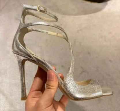 Highquality Hollow Slim High Heel Fish Mouth Sandals, Silk Buckle Strap Runway Shoes