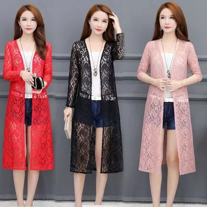 Summer Sun Protection Lace Cardigan Mid-length Mesh Shawl Loose Clothing Jacket Shirt Outerwear