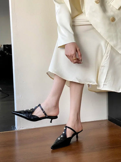 Woman Pumps String Pearl Pointed Toe Thin Low Heels Shoes Buckle Strap Zapatos De Mujer