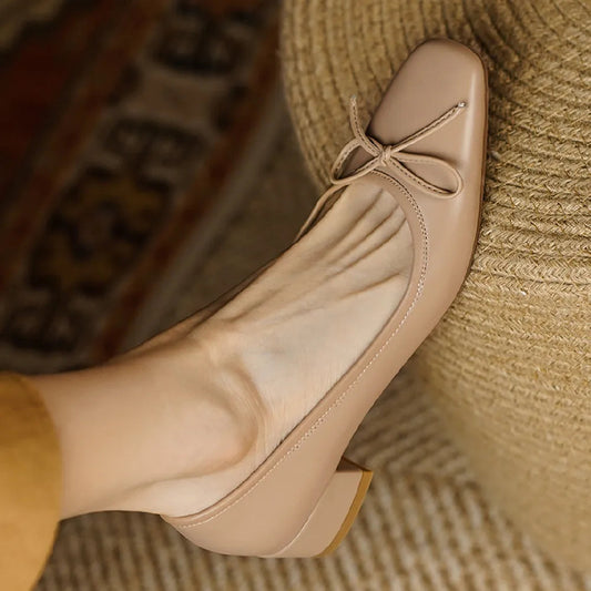 Genuine Leather Square Toe Slipon Flats Daily Shoes for Sweet Bowtie Korean Style Shoes for