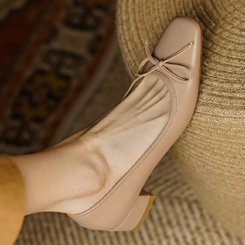 Genuine Leather Square Toe Slipon Flats Daily Shoes for Sweet Bowtie Korean Style Shoes for