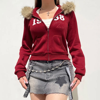 Y2k Fur Trim Hooded Sweatshirt Red Letter Print Zipper Coat With Pocket Winter 90s Outwear