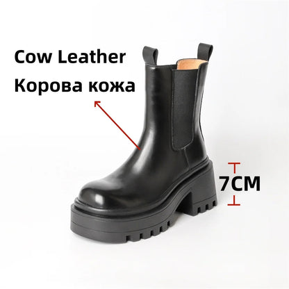 Platforms Ankle Boots Genuine Leather Thick Sole Ankle Female Punk Motorcycle Shoes Combat Booties