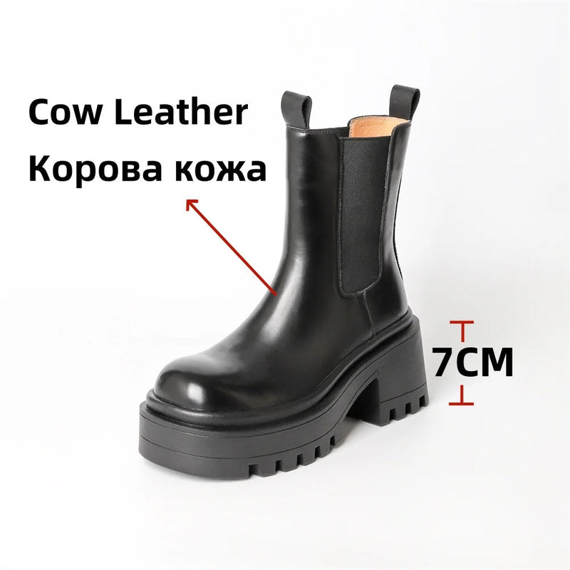 Platforms Ankle Boots Genuine Leather Thick Sole Ankle Female Punk Motorcycle Shoes Combat Booties