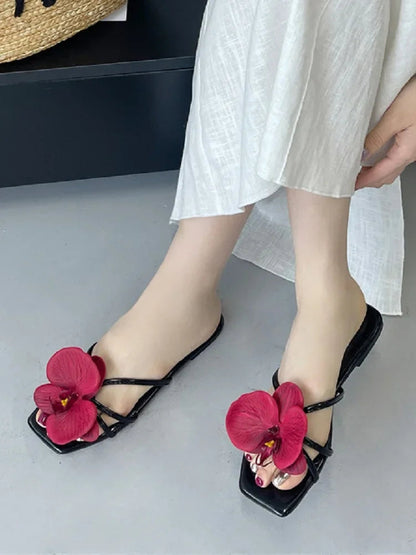 Summer Flower Narrown Band Low Heels Slippers Square Toe Beach Shoes Size 3543