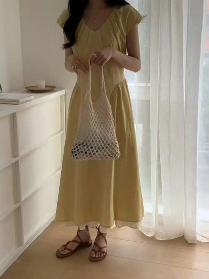 French Retro Patchwork Contrasting Short Sleeved Dress Summer New Design Slimming Waist Long Dresses
