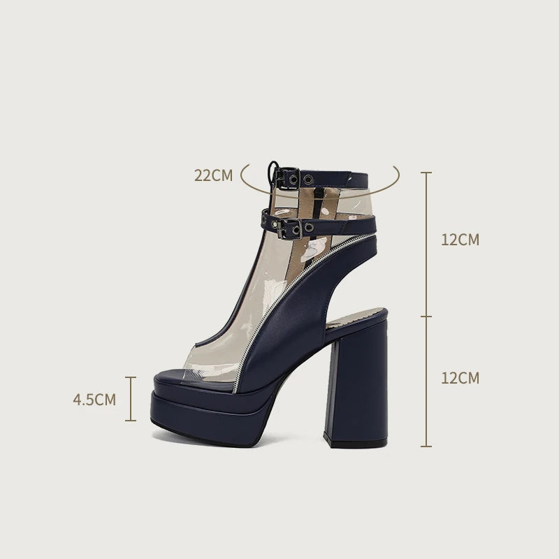 Brand Designer Thick Platform 12cm Super High Heels Ankle Boots Peep Toe Transparent Belt Buckle Slingback Shoes