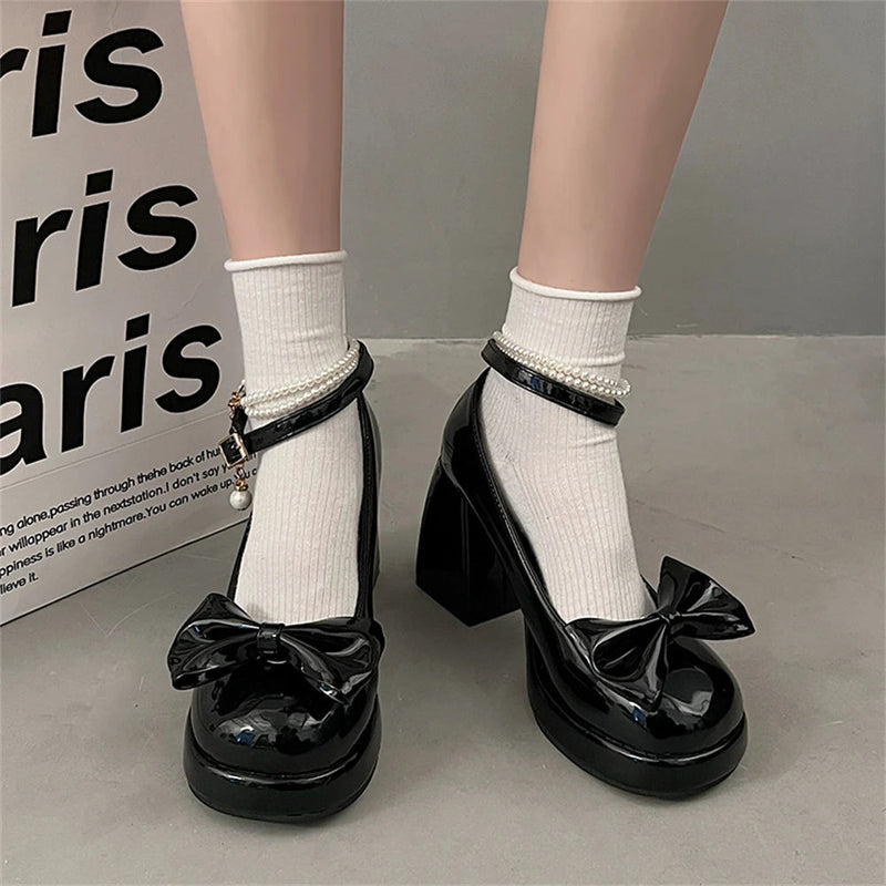 Lolita Bow Bow Decor Pumps Platform Chunky High Heels Ankle Strap Sweet Pumps for Girl Shoes