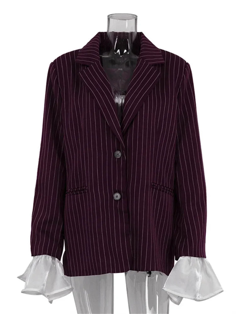 Lace Striped Suit Outwear for Patchwork Long Sleeve Lapel Commute Pocket Coat Ruffled Female Loose Blazer