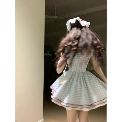 Japanese Kawaii Sweet Short Party Dress Sleeve Y2k Plaid Mini Dress Female Lolita Clothing Outfits