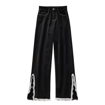 Korean Lace Slit Jeans Pants High Waist Oversize Wide Leg Trousers New Ins All Match Denim