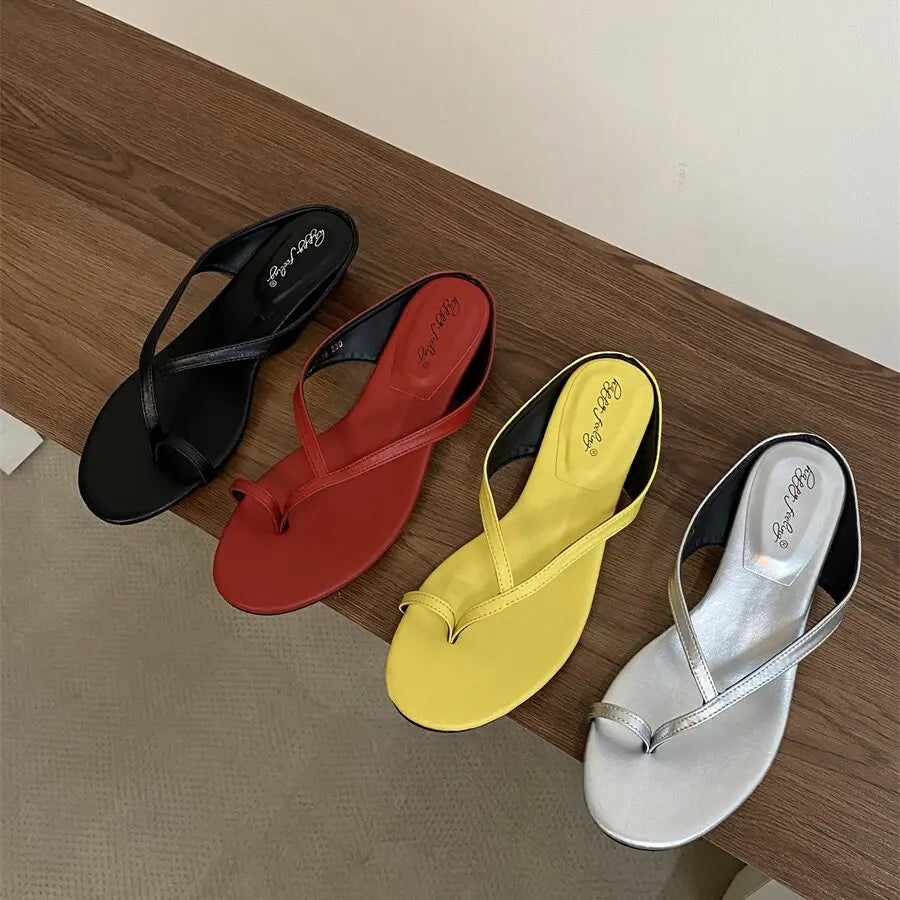 Summer Square Low Heel Slipper Narrow Band Sandal Outdoor Beach Slides Shoes Big Size 40