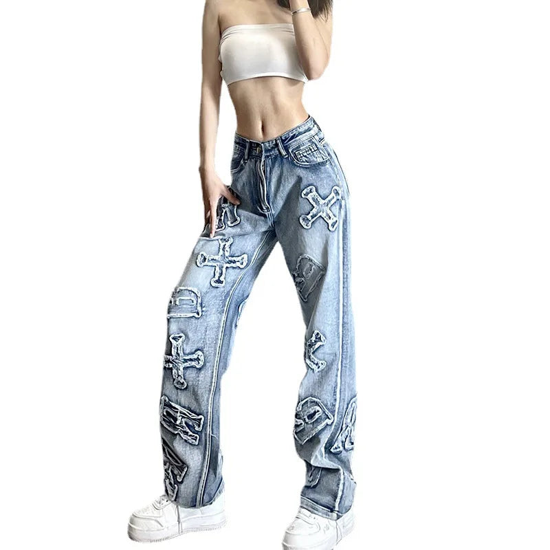 Patchwork Jeans Y2k Baggy Straight Cargo Pants Punk High Waist Wide Leg Denim Trousers 90s