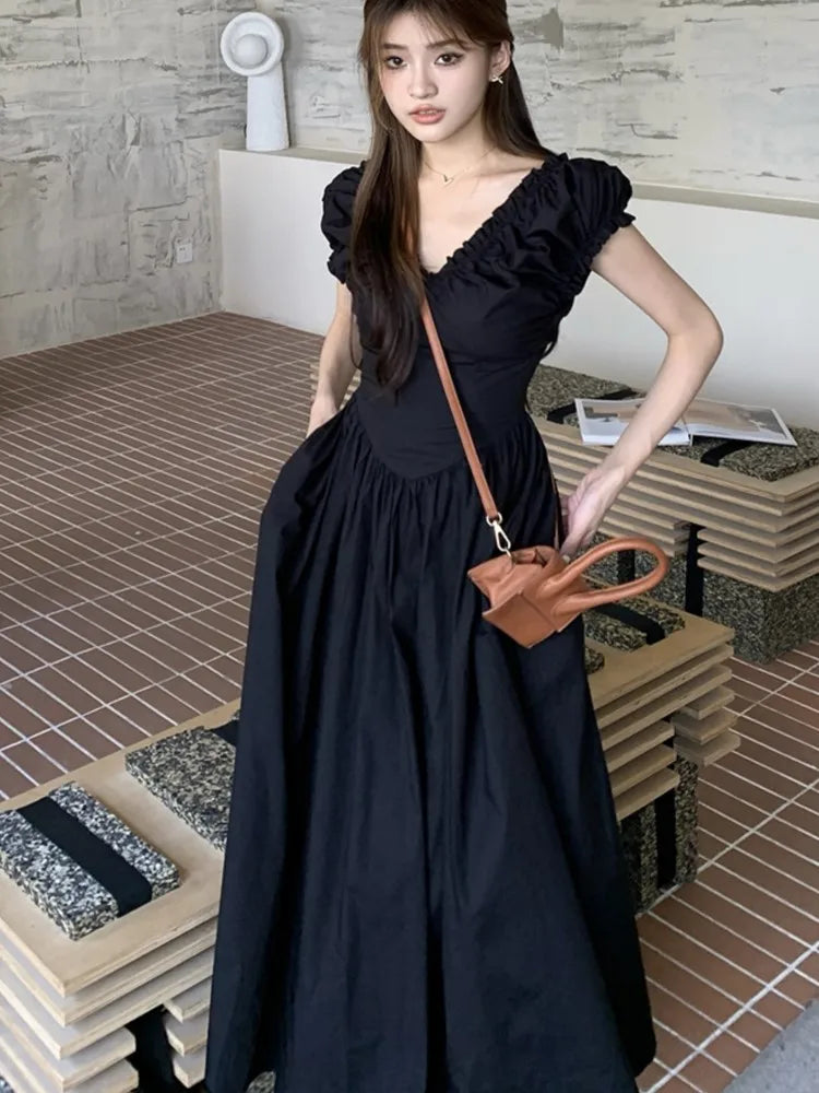 Midi Dresses for Korean V-neck Backless High Waist Puff Sleeve A-line Party Dress Summer Vestidos Mujer