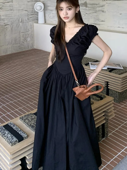 Midi Dresses for Korean V-neck Backless High Waist Puff Sleeve A-line Party Dress Summer Vestidos Mujer