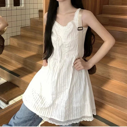 White Camis Dresses Summer French Sweet Lace Patchwork Spaghetti Strap Dress Korean Kawaii Female Mini Dress Tops