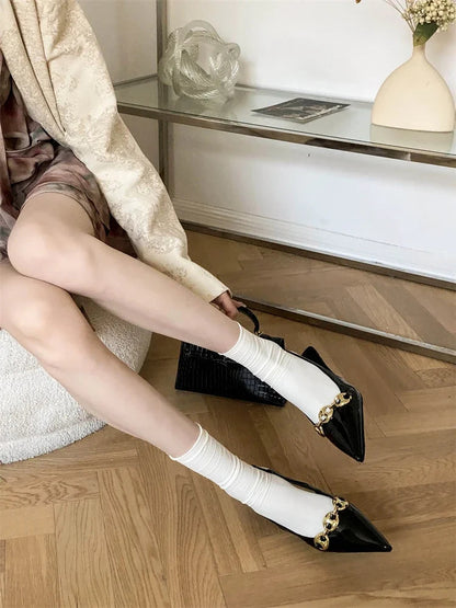 Metal Decoration Pointed Toe Pumps Thin Low Heels Sandals Dress Mules Shoes