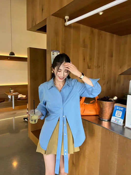 Shirts Tie Long Sleeve French Tops Loose Shirt Button Blouses for Autumn Blue Cotton Top