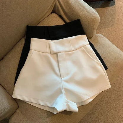 Suit Shorts High Waist Wide Leg Shorts Office Lady Korean Black White Simple All Match Short Pants