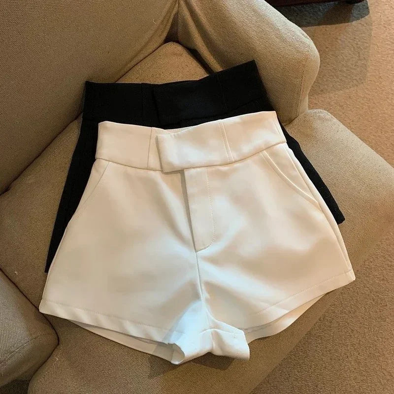 Suit Shorts High Waist Wide Leg Shorts Office Lady Korean Black White Simple All Match Short Pants
