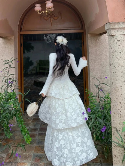 Fairy Dresses Knitted Patchwork Flare Sleeves Princess Cake Long Dress Autumn Party Prom Aline Vestidos Robe New