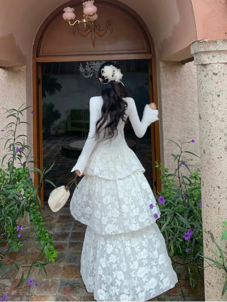 Fairy Dresses Knitted Patchwork Flare Sleeves Princess Cake Long Dress Autumn Party Prom Aline Vestidos Robe New