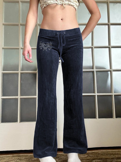 American Retro Y2k Low Waisted Velvet Flared Pants Drawstring Tie Waist Heart Rhinestone Trousers