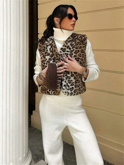 Leopard Printed V-neck Vestidos Coat Female Contrast Printed Cropped Top Loose Autumn Commute Outwear Cardigan