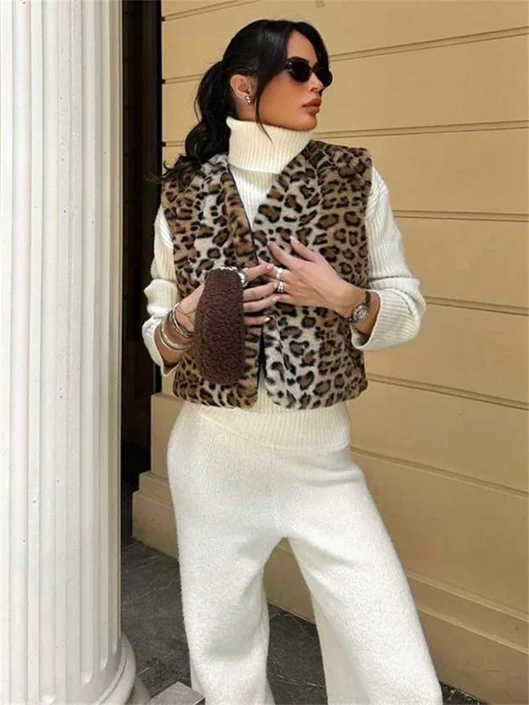 Leopard Printed V-neck Vestidos Coat Female Contrast Printed Cropped Top Loose Autumn Commute Outwear Cardigan