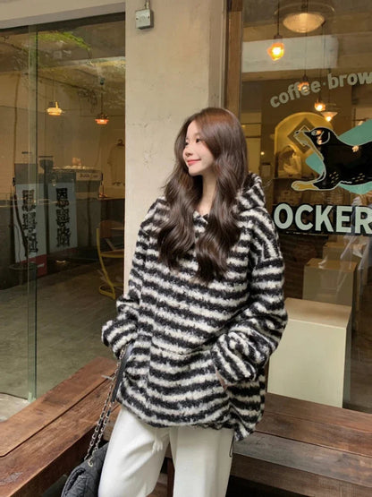 Harajuku Striped Long Sleeve Pullovers Sweatshirt Oversized Hoodies for Winter Warm Clothes New