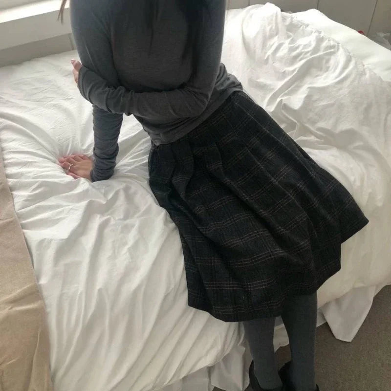 Korean Retro Pleated Loose Kneelength Skirt Spring New High Waist Contrast Color Plaid Tweed Aline Skirt