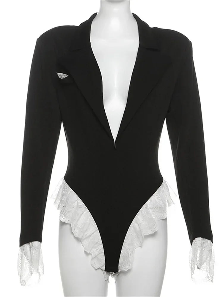 Lace Suit Jumpsuit Female Blazer Body Top V-neck Slim Long Sleeve Cardigan Black Rompers New